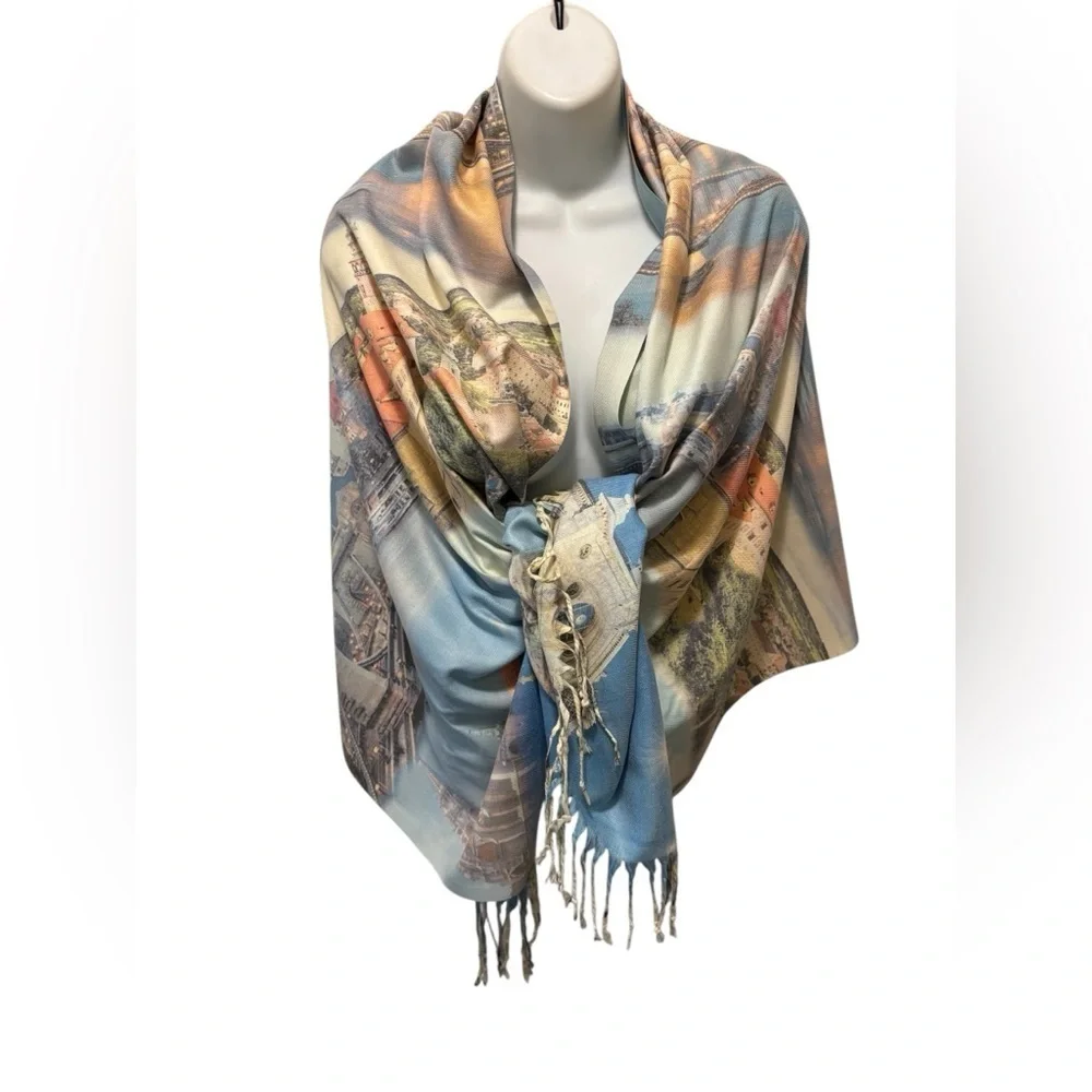 Large Hungarian Budapest Shawl Cloak Pashmina Cashmere Wrap Fringe Blue 75X30”